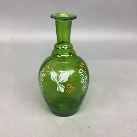 Green Glass Vase With Hand Painted Flowers - 6.75” - Picture 2 of 9